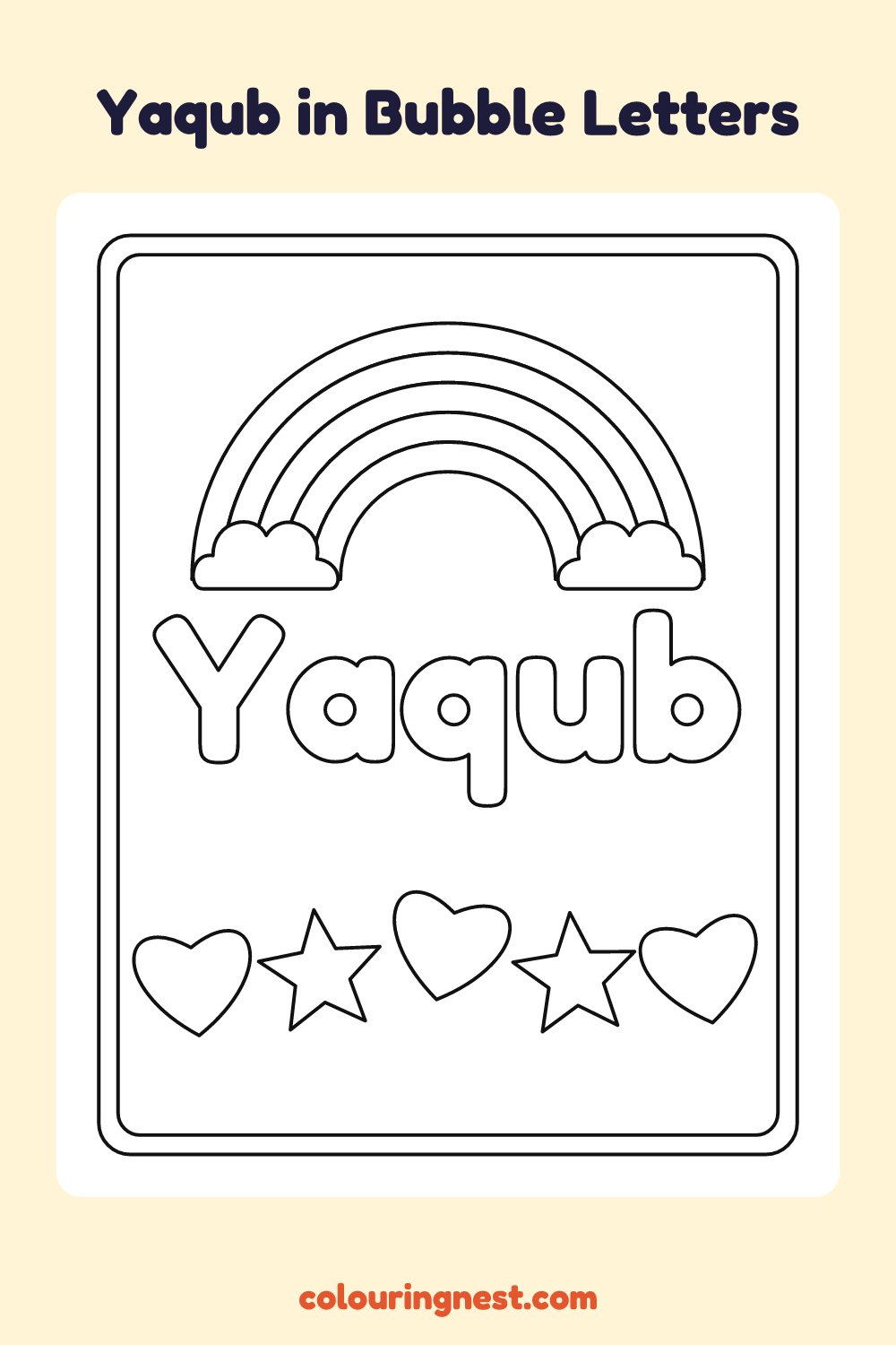 Yaqub in Bubble Letters coloring page: free printable black-and-white line art