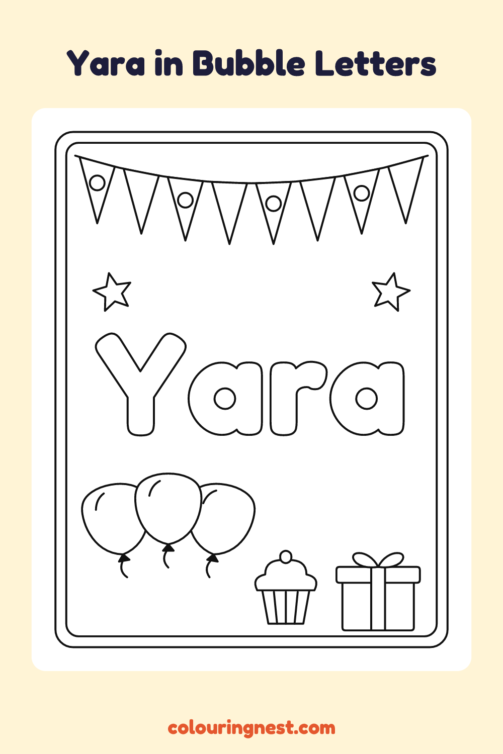 Yara in Bubble Letters coloring page: free printable black-and-white line art