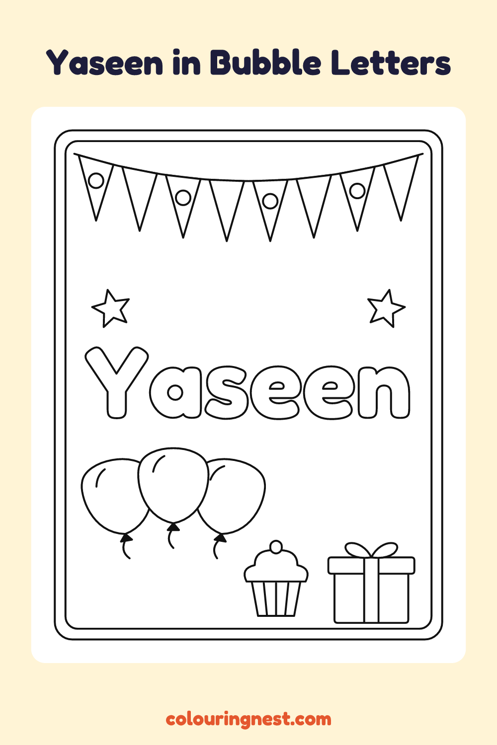 Yaseen in Bubble Letters coloring page: free printable black-and-white line art