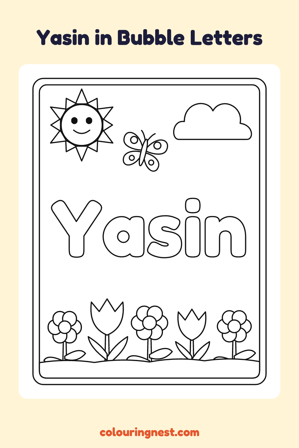 Yasin in Bubble Letters coloring page: free printable black-and-white line art