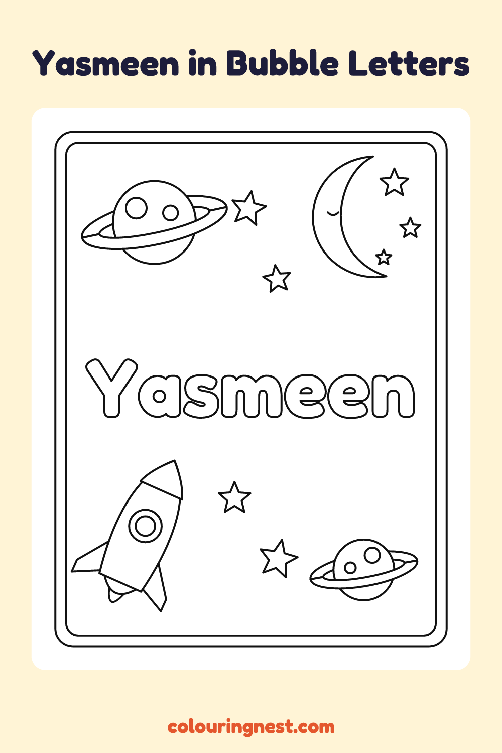 Yasmeen in Bubble Letters coloring page: free printable black-and-white line art