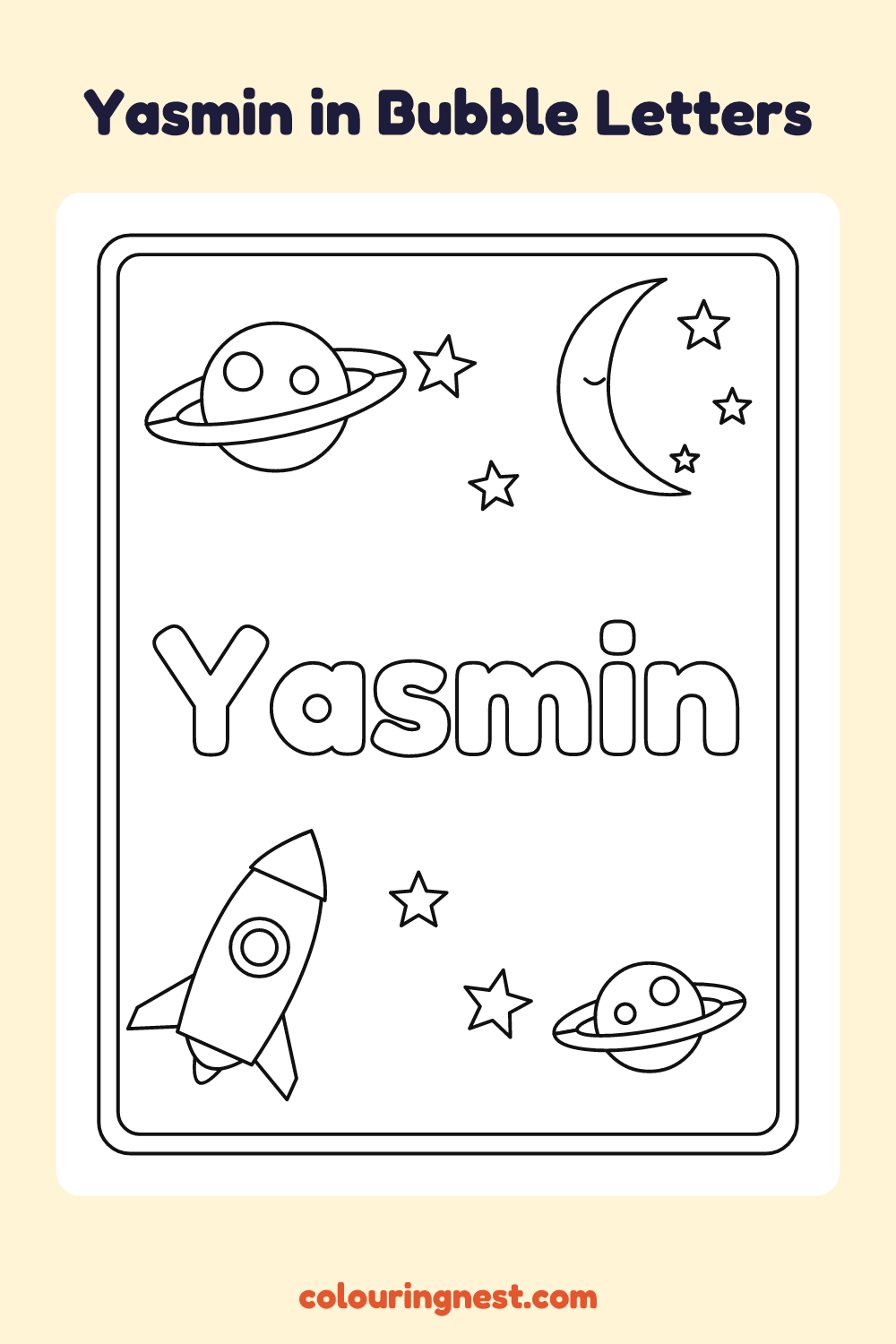 Yasmin in Bubble Letters coloring page: free printable black-and-white line art