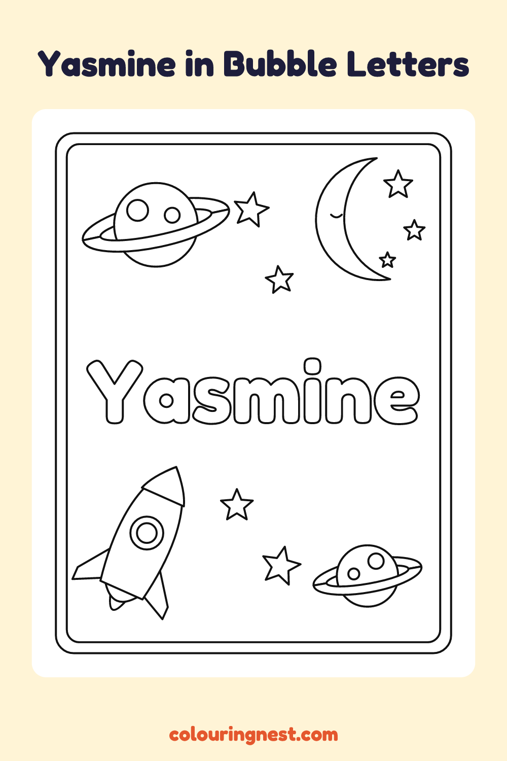 Yasmine in Bubble Letters coloring page: free printable black-and-white line art