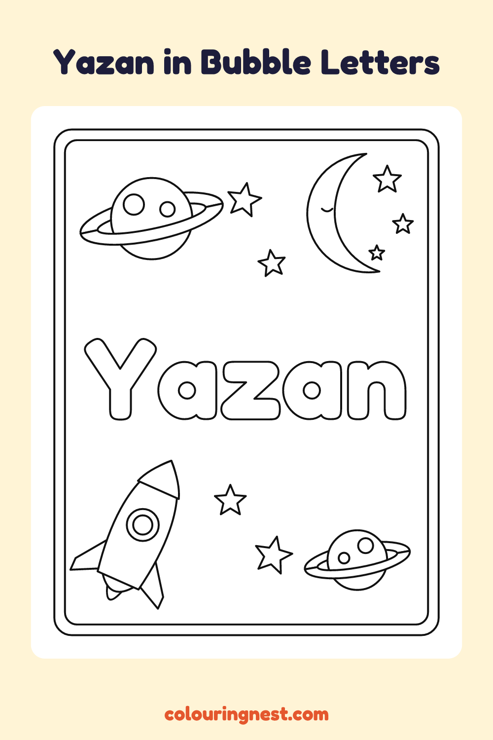 Yazan in Bubble Letters coloring page: free printable black-and-white line art
