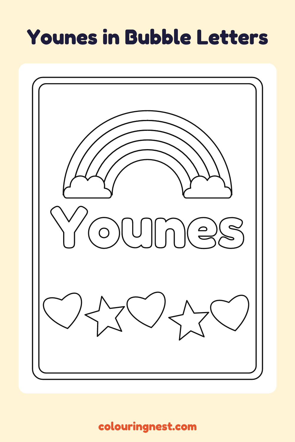 Younes in Bubble Letters coloring page: free printable black-and-white line art