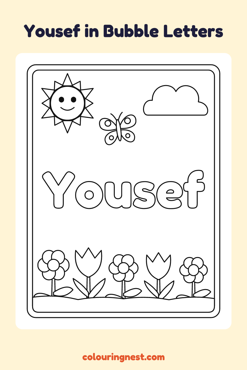 Yousef in Bubble Letters coloring page: free printable black-and-white line art