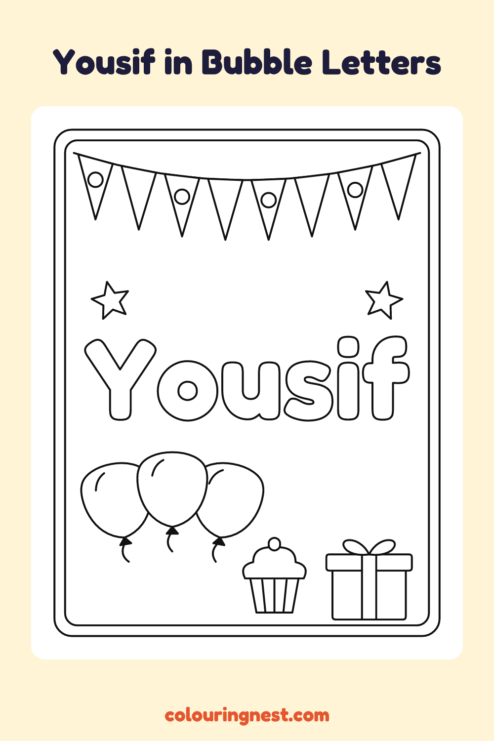 Yousif in Bubble Letters coloring page: free printable black-and-white line art