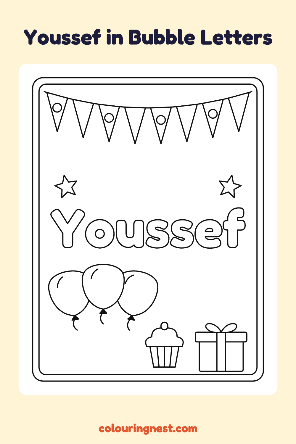 Youssef in Bubble Letters coloring page: free printable black-and-white line art