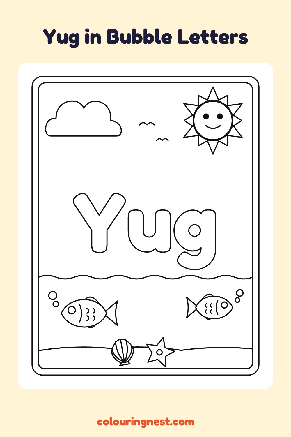 Yug in Bubble Letters coloring page: free printable black-and-white line art
