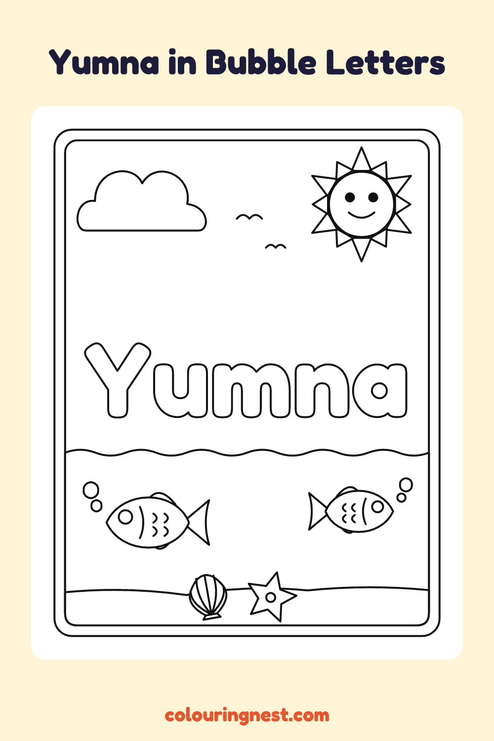 Yumna in Bubble Letters coloring page: free printable black-and-white line art