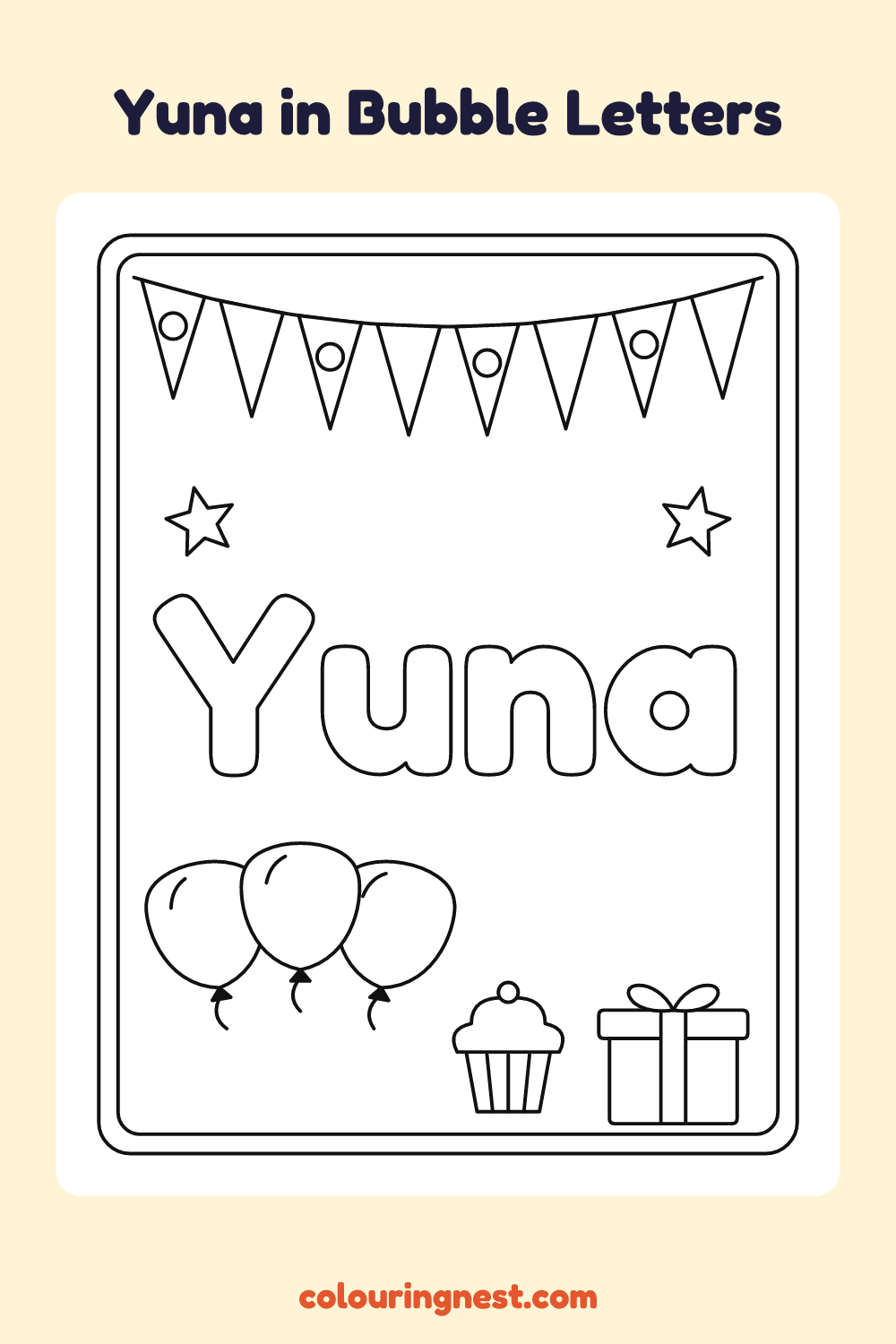 Yuna in Bubble Letters coloring page: free printable black-and-white line art