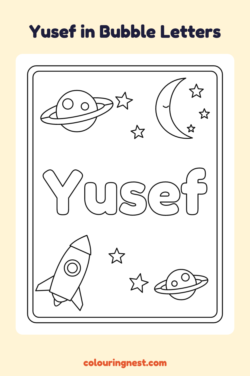Yusef in Bubble Letters coloring page: free printable black-and-white line art