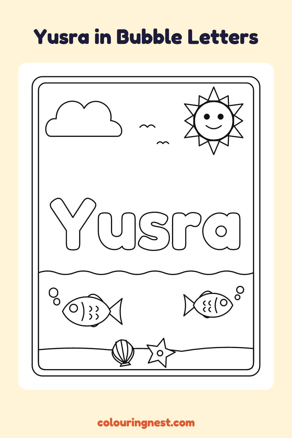 Yusra in Bubble Letters coloring page: free printable black-and-white line art