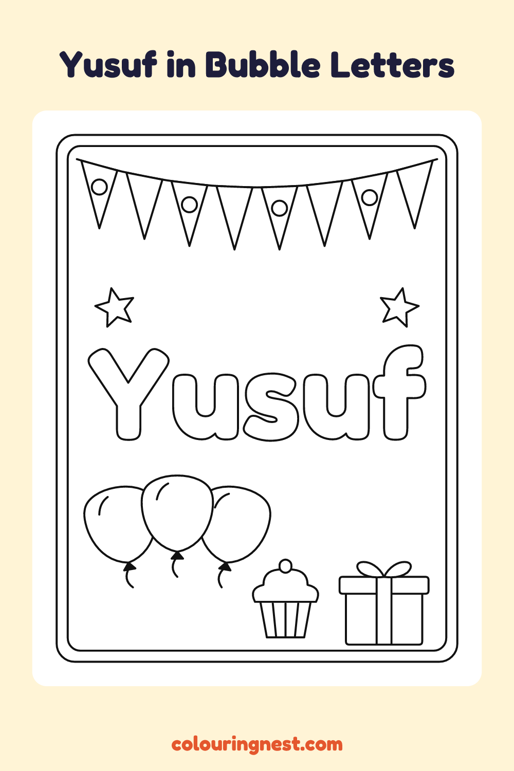 Yusuf in Bubble Letters coloring page: free printable black-and-white line art