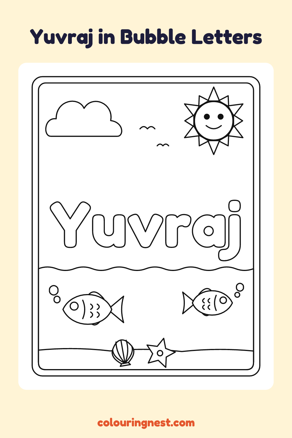 Yuvraj in Bubble Letters coloring page: free printable black-and-white line art