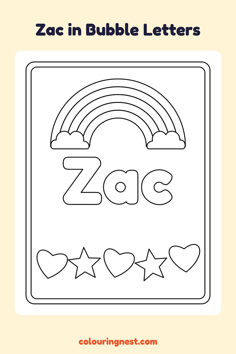 Zac in Bubble Letters coloring page: free printable black-and-white line art