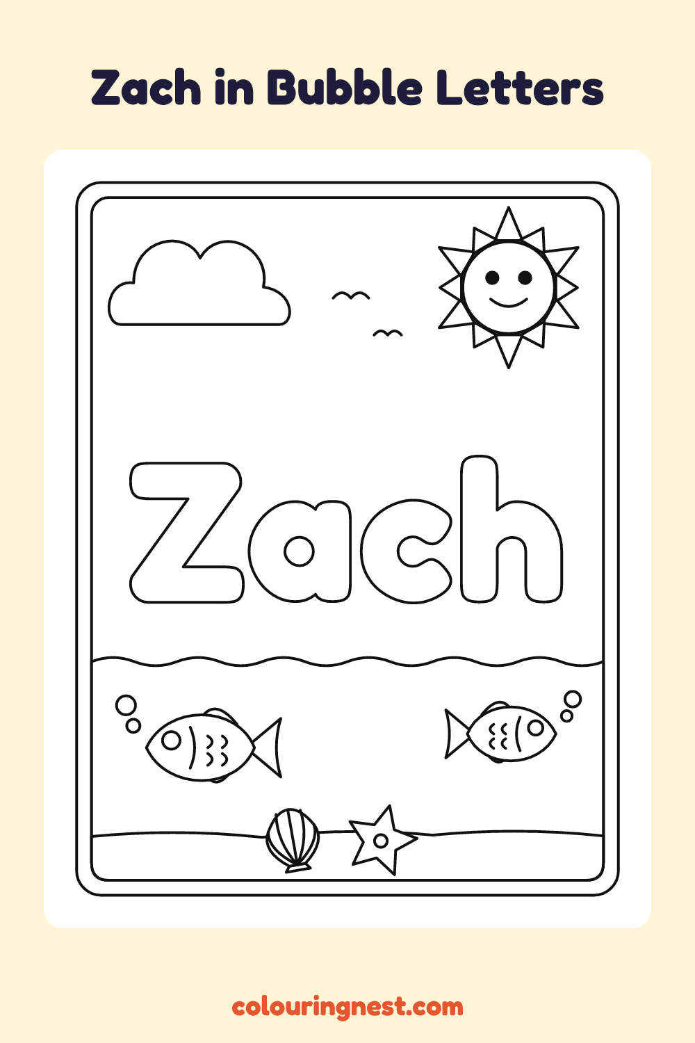 Zach in Bubble Letters coloring page: free printable black-and-white line art