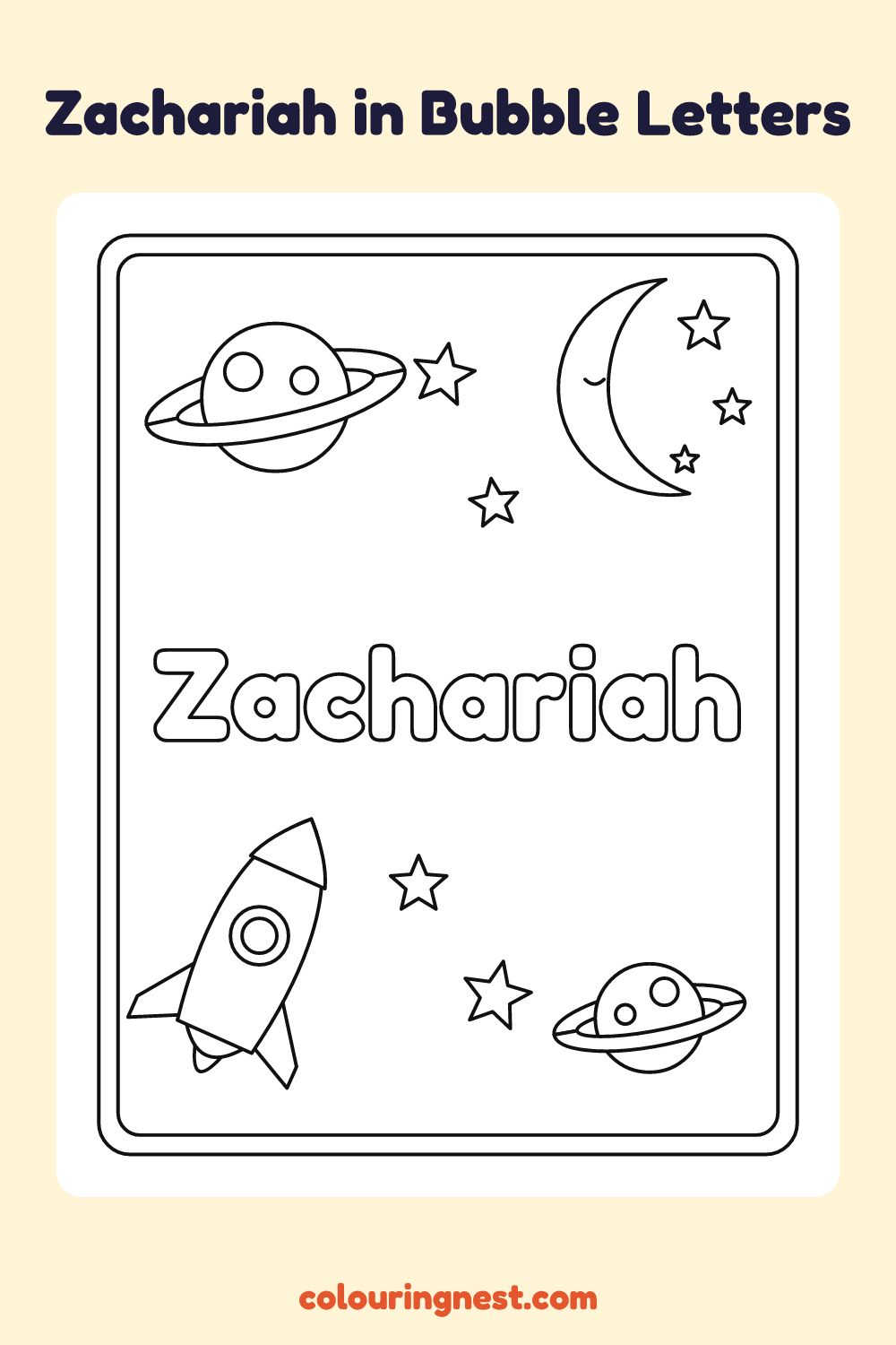 Zachariah in Bubble Letters coloring page: free printable black-and-white line art