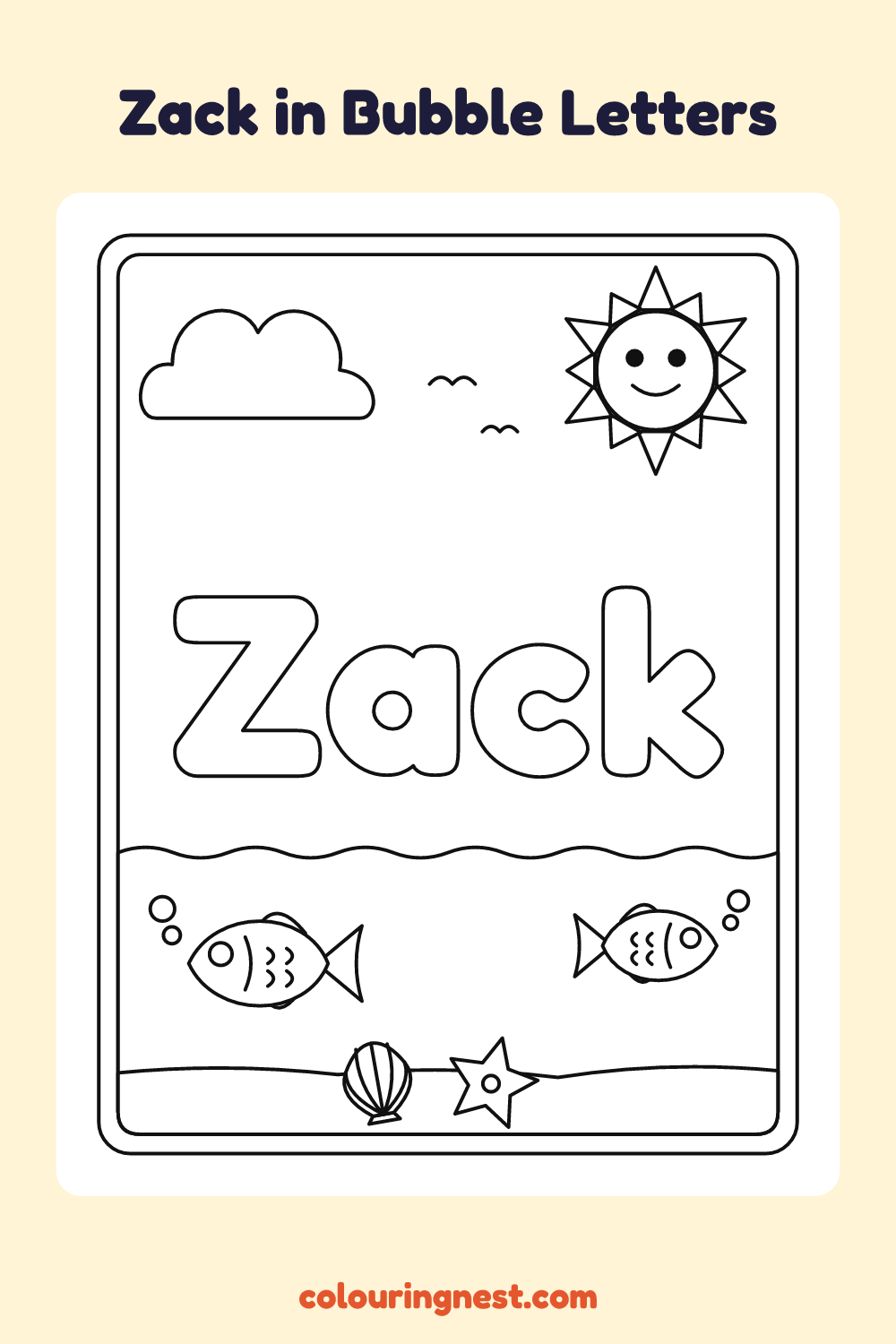 Zack in Bubble Letters coloring page: free printable black-and-white line art