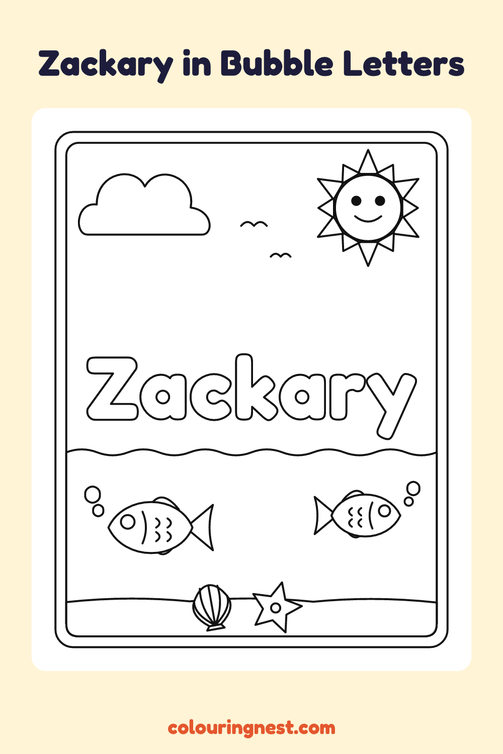 Zackary in Bubble Letters coloring page: free printable black-and-white line art