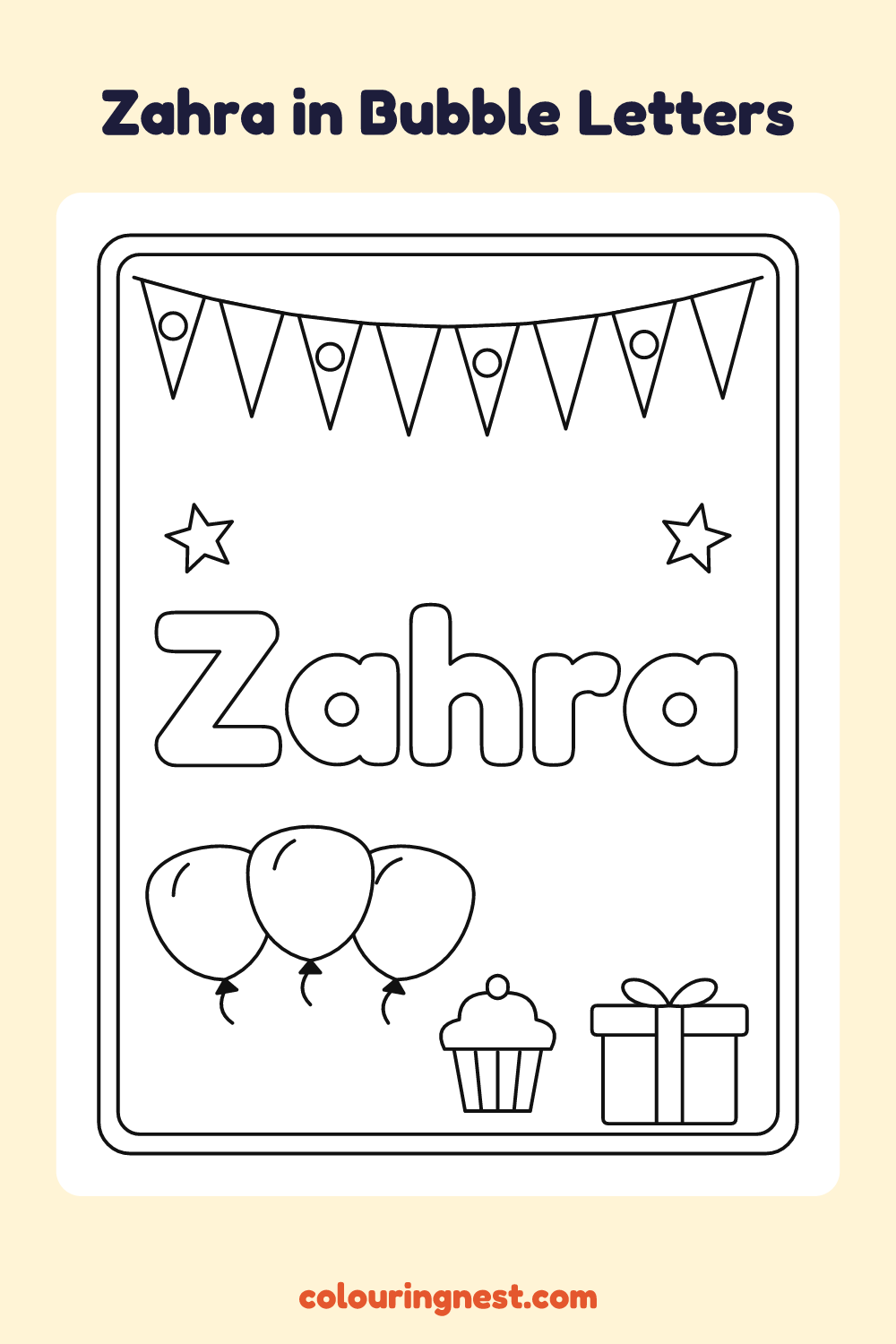 Zahra in Bubble Letters coloring page: free printable black-and-white line art