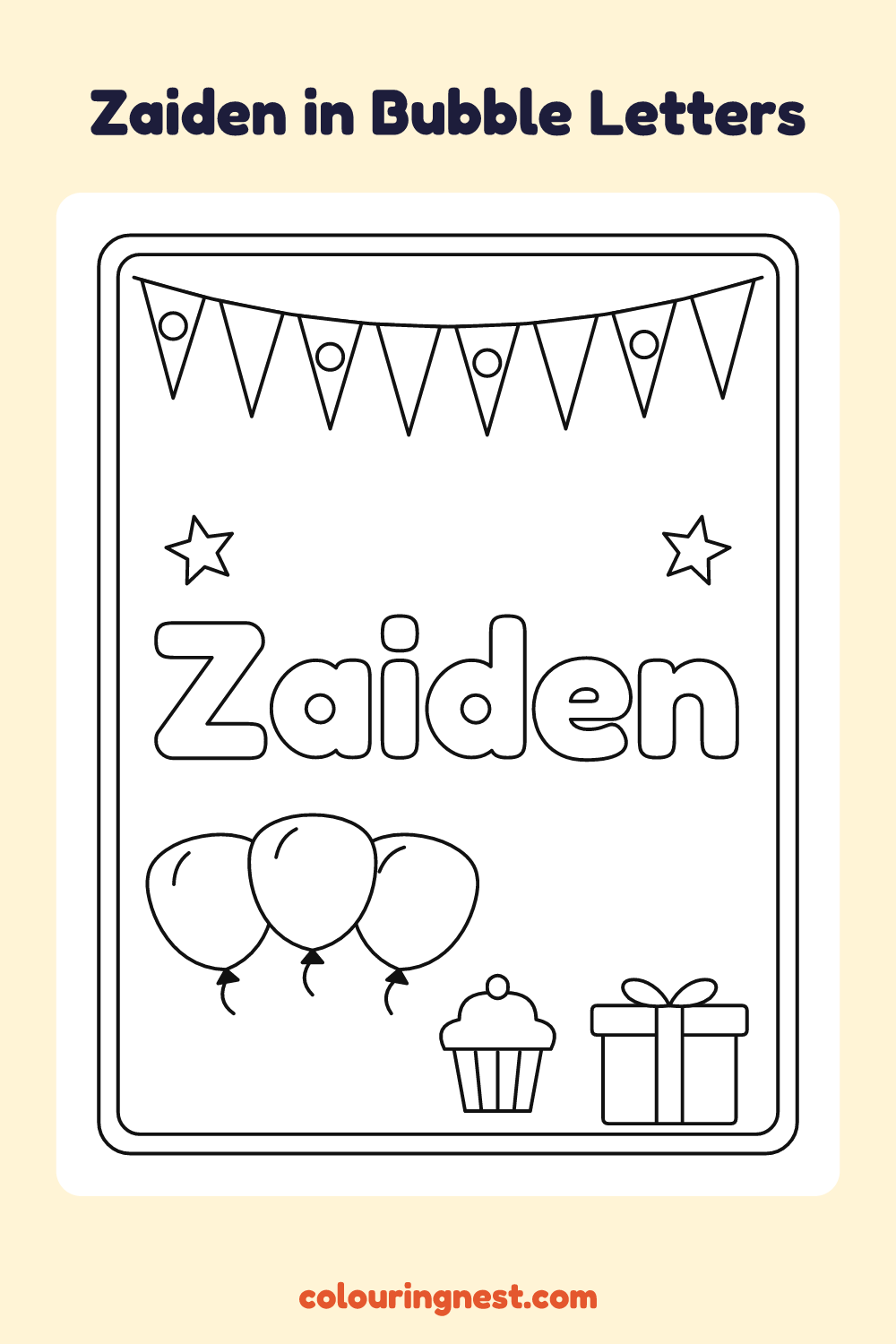 Zaiden in Bubble Letters coloring page: free printable black-and-white line art