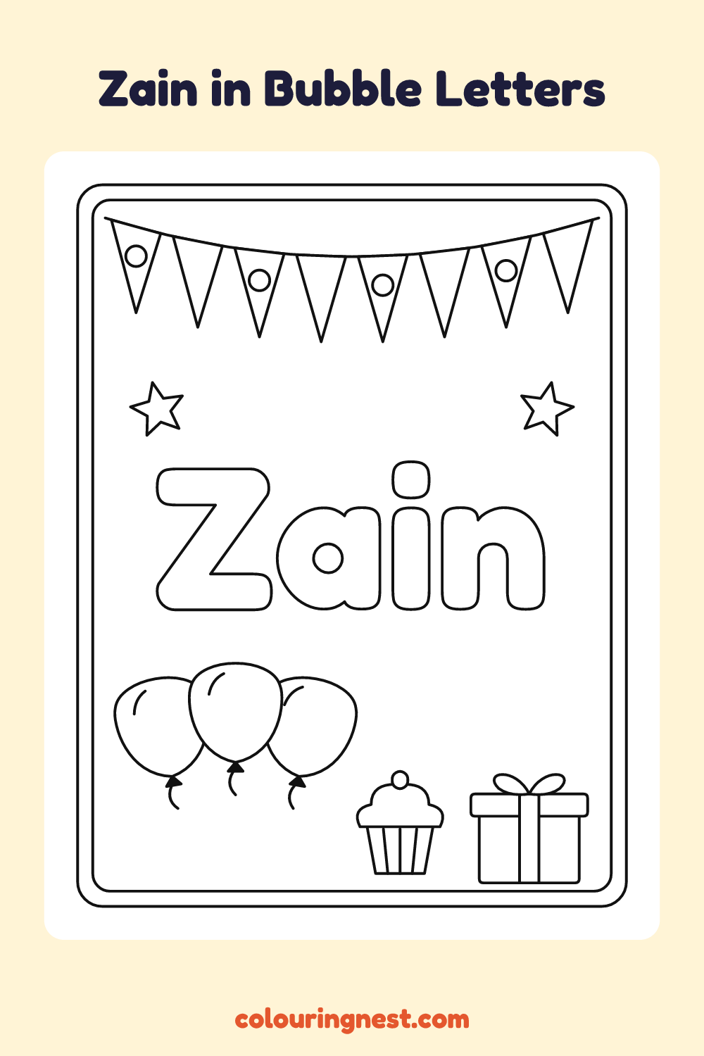 Zain in Bubble Letters coloring page: free printable black-and-white line art