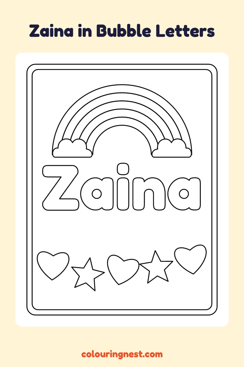Zaina in Bubble Letters coloring page: free printable black-and-white line art