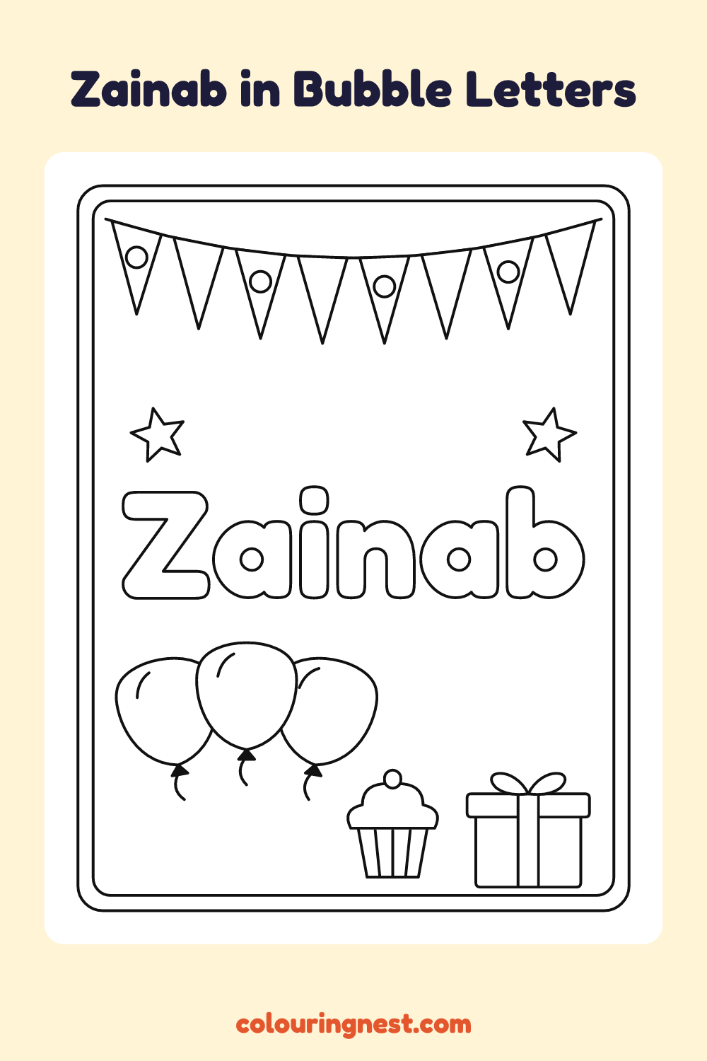 Zainab in Bubble Letters coloring page: free printable black-and-white line art