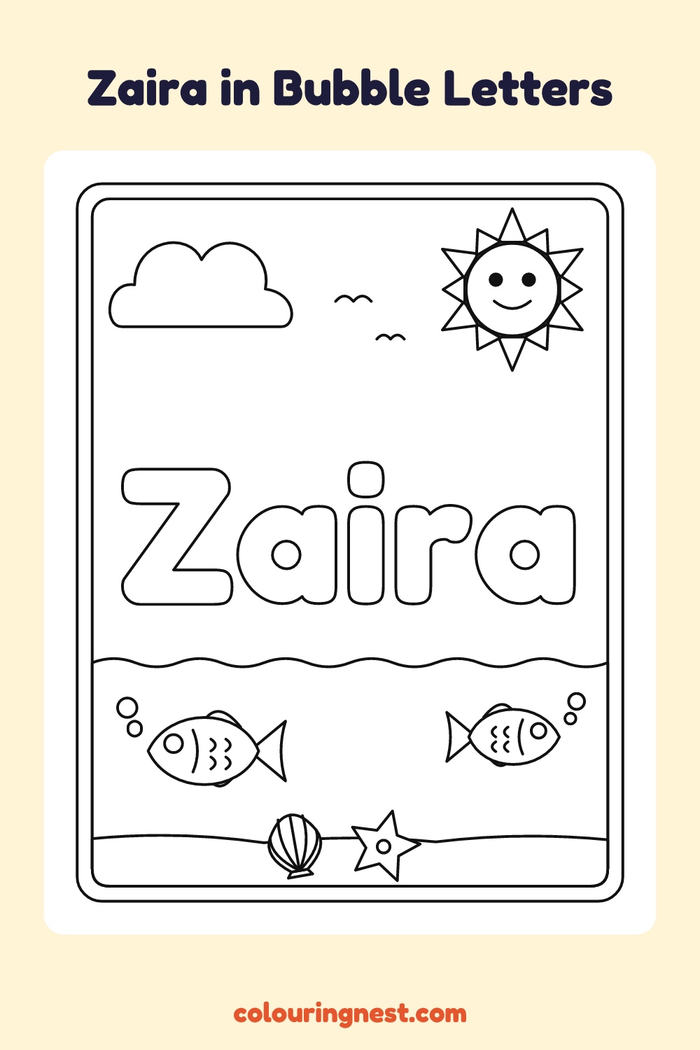 Zaira in Bubble Letters coloring page: free printable black-and-white line art