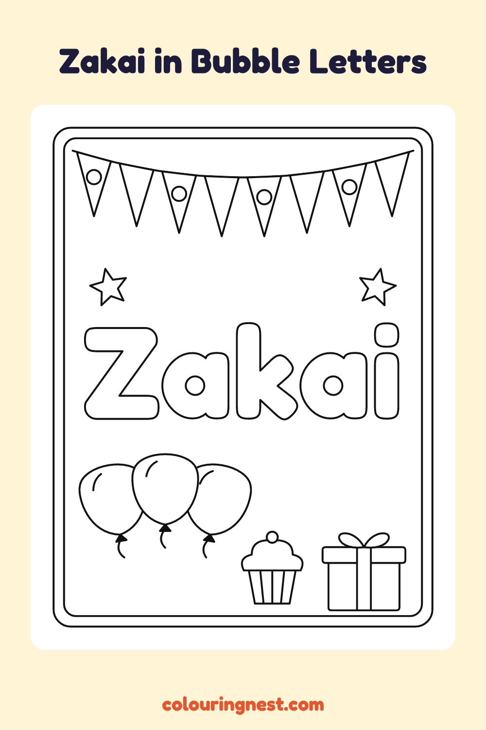 Zakai in Bubble Letters coloring page: free printable black-and-white line art