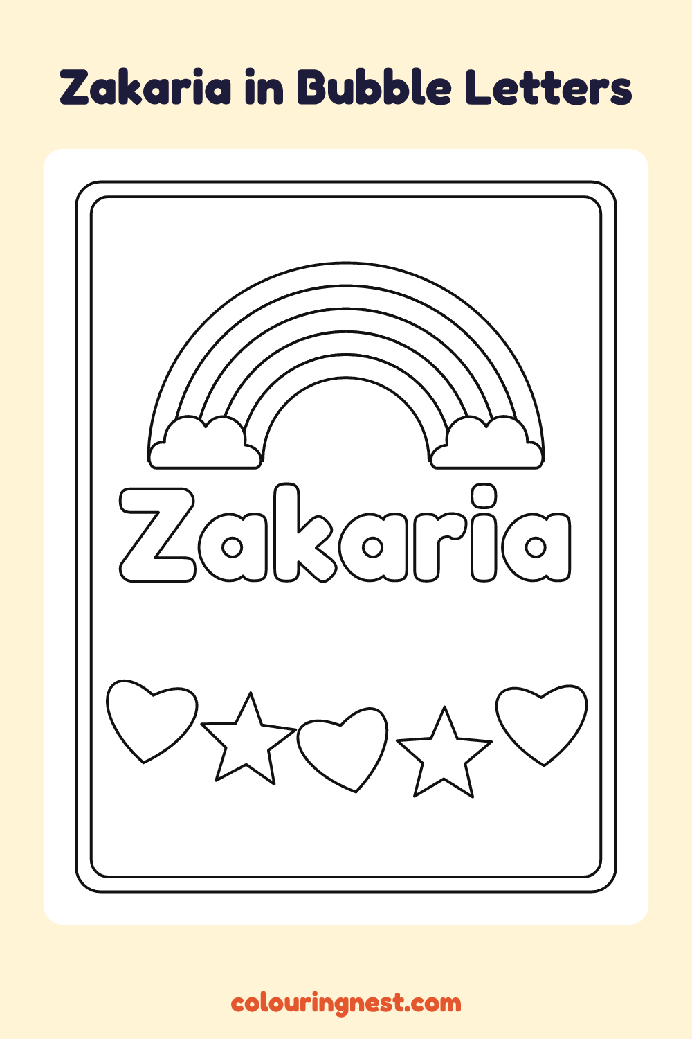 Zakaria in Bubble Letters coloring page: free printable black-and-white line art