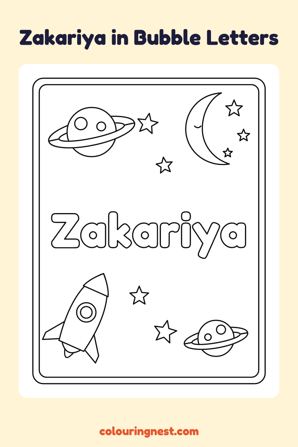 Zakariya in Bubble Letters coloring page: free printable black-and-white line art