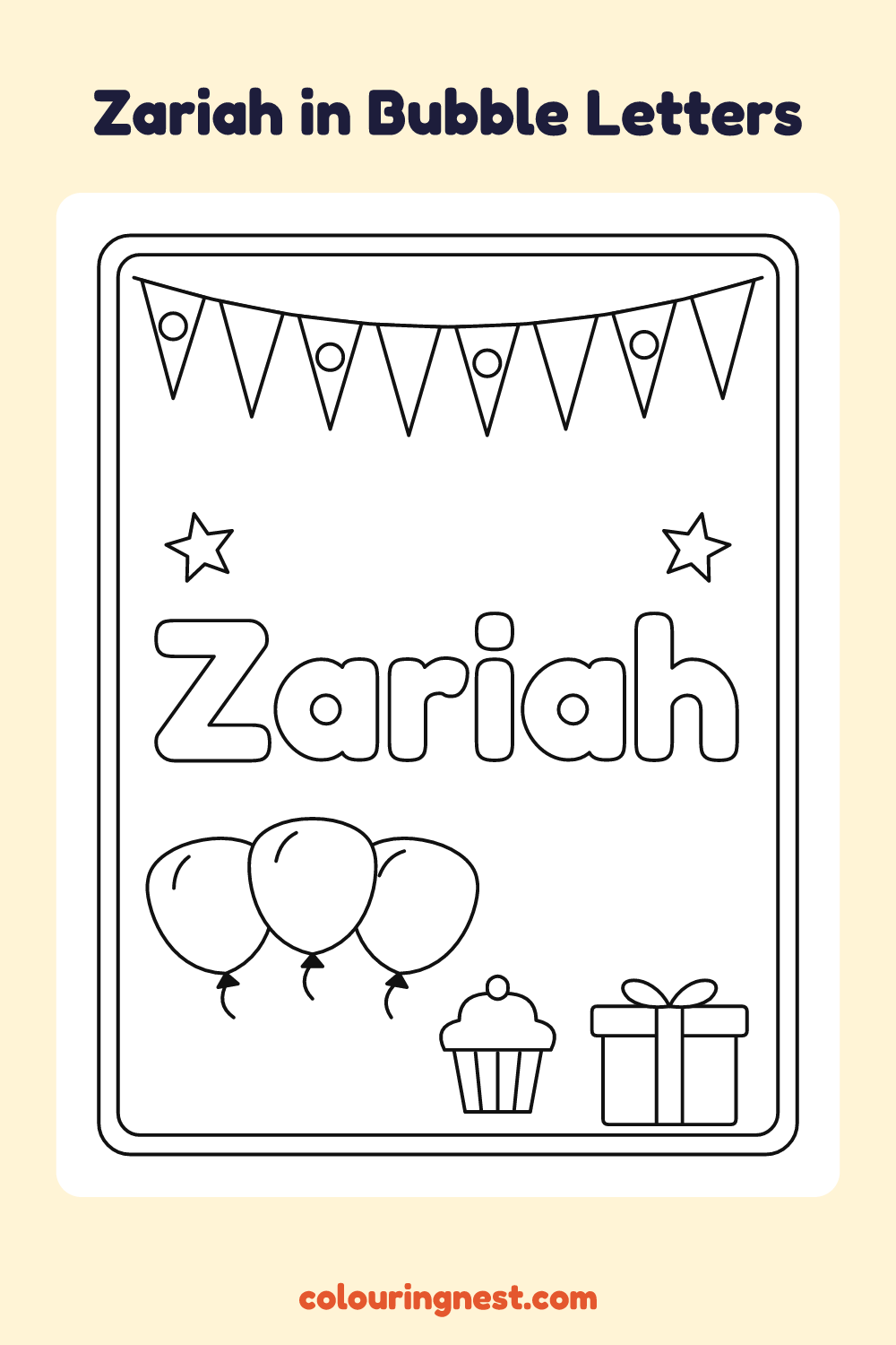 Zariah in Bubble Letters coloring page: free printable black-and-white line art