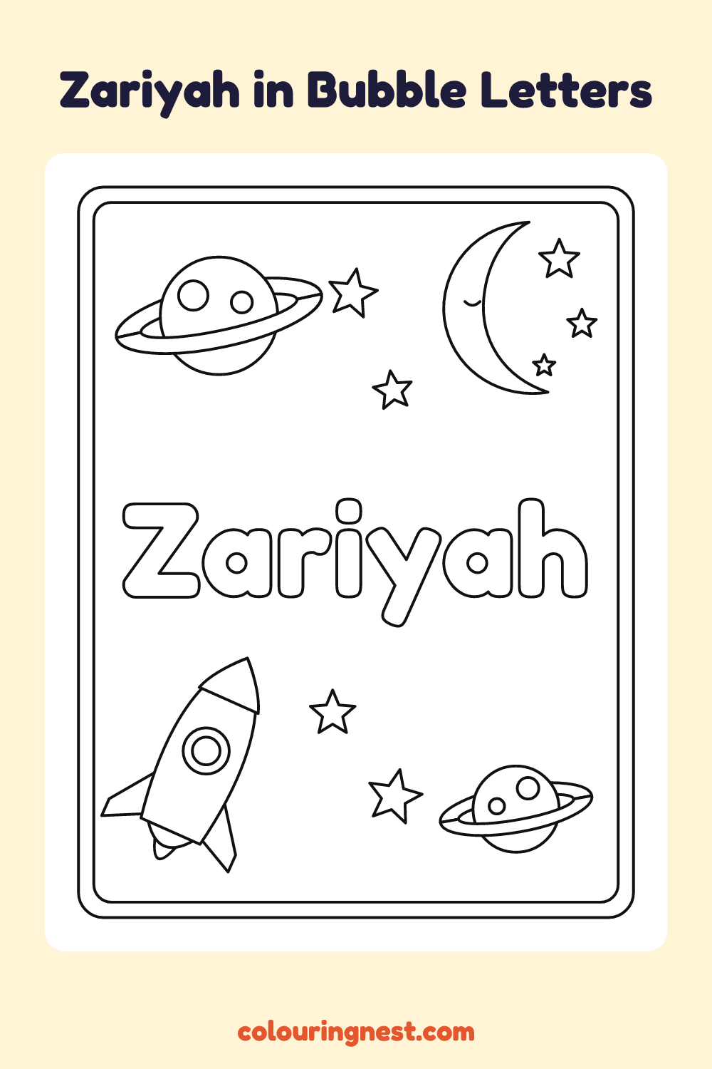 Zariyah in Bubble Letters coloring page: free printable black-and-white line art