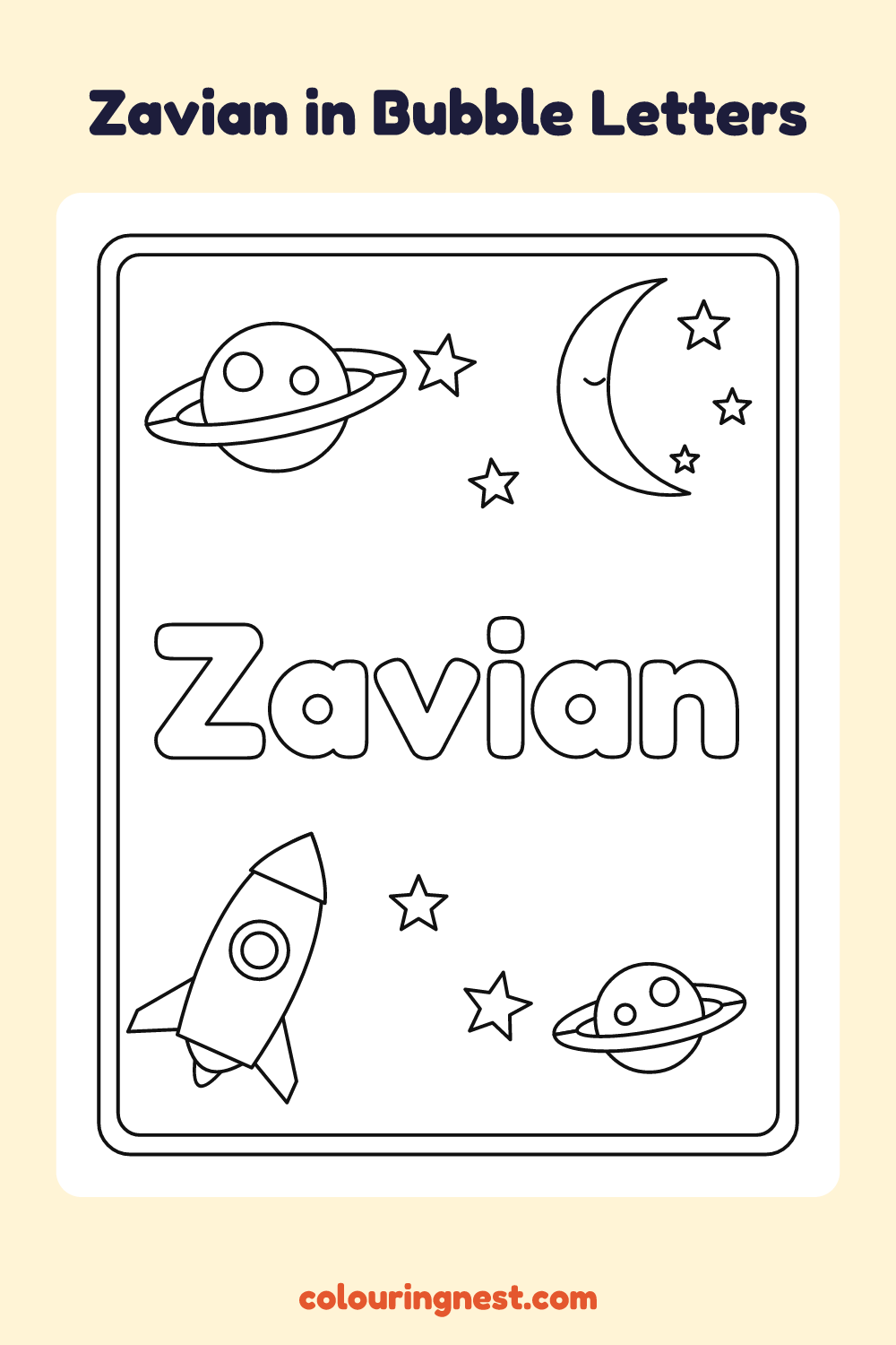 Zavian in Bubble Letters coloring page: free printable black-and-white line art