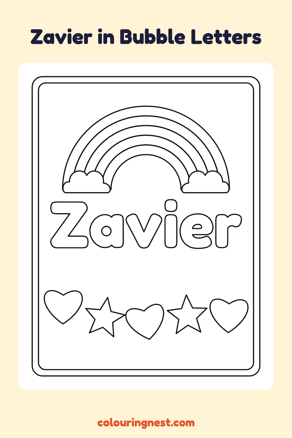 Zavier in Bubble Letters coloring page: free printable black-and-white line art