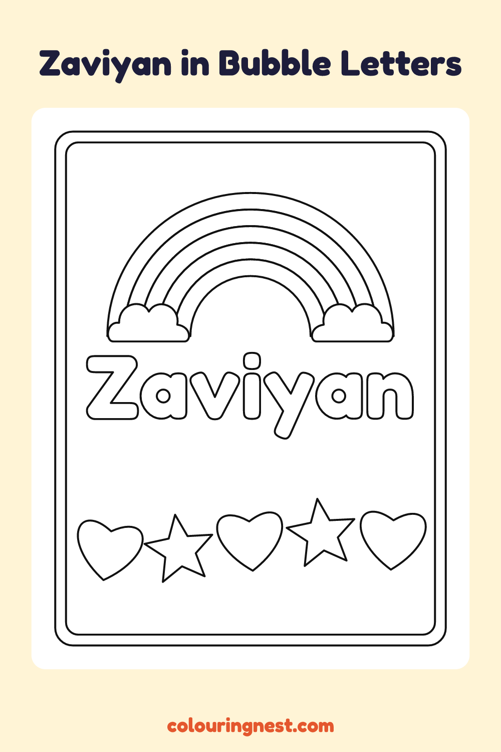 Zaviyan in Bubble Letters coloring page: free printable black-and-white line art