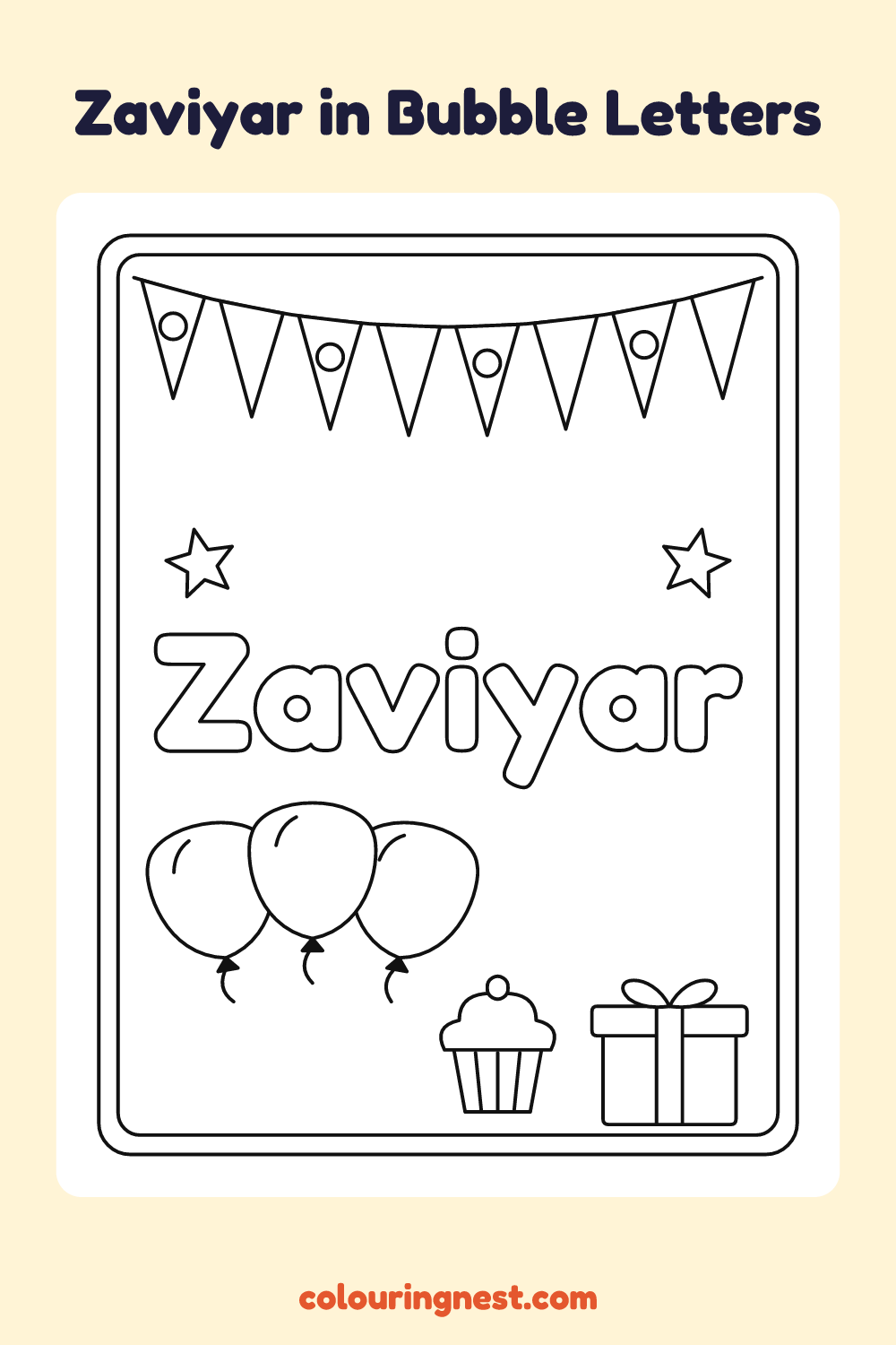Zaviyar in Bubble Letters coloring page: free printable black-and-white line art