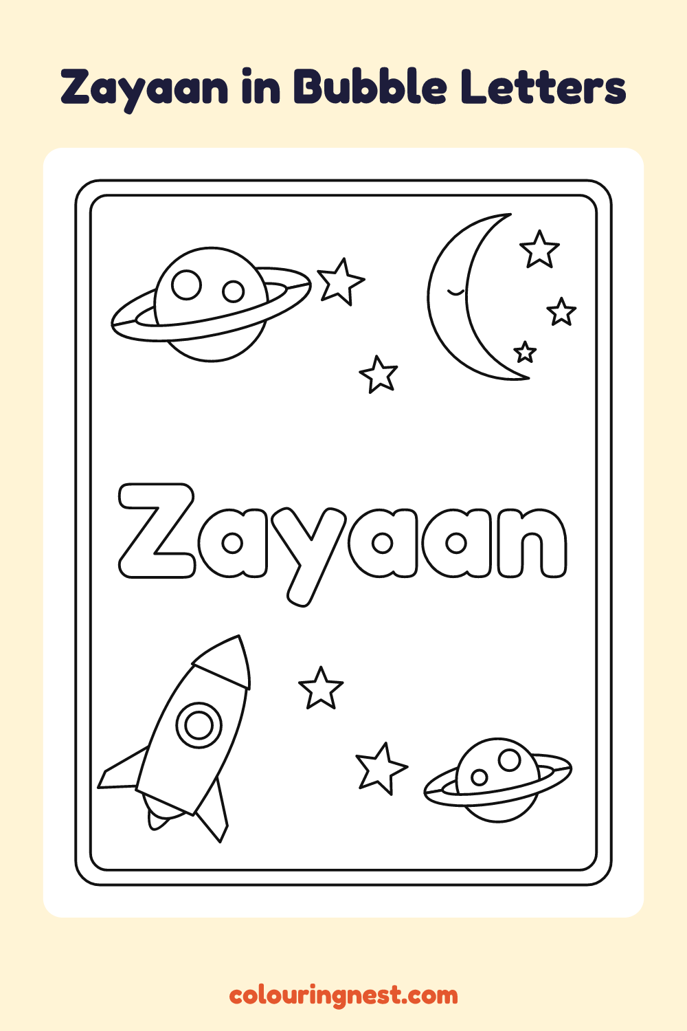 Zayaan in Bubble Letters coloring page: free printable black-and-white line art