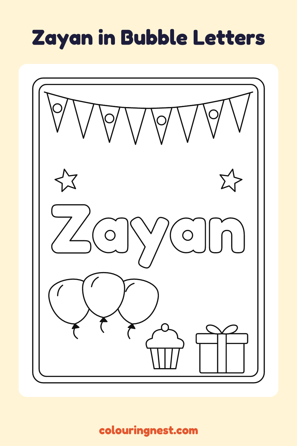 Zayan in Bubble Letters coloring page: free printable black-and-white line art