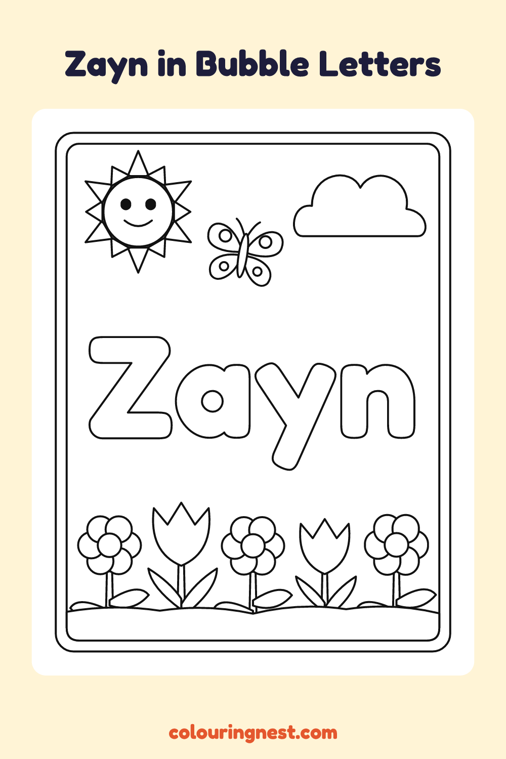 Zayn in Bubble Letters coloring page: free printable black-and-white line art