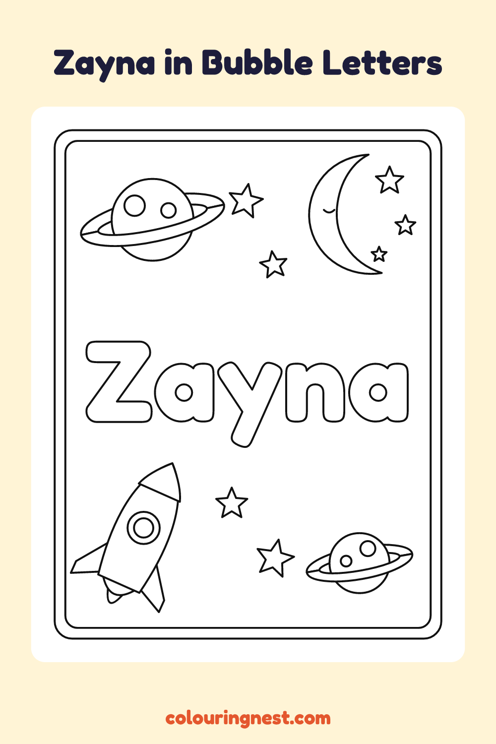 Zayna in Bubble Letters coloring page: free printable black-and-white line art