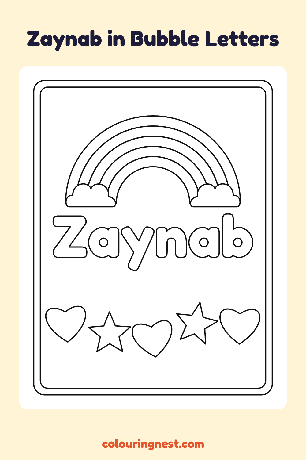 Zaynab in Bubble Letters coloring page: free printable black-and-white line art