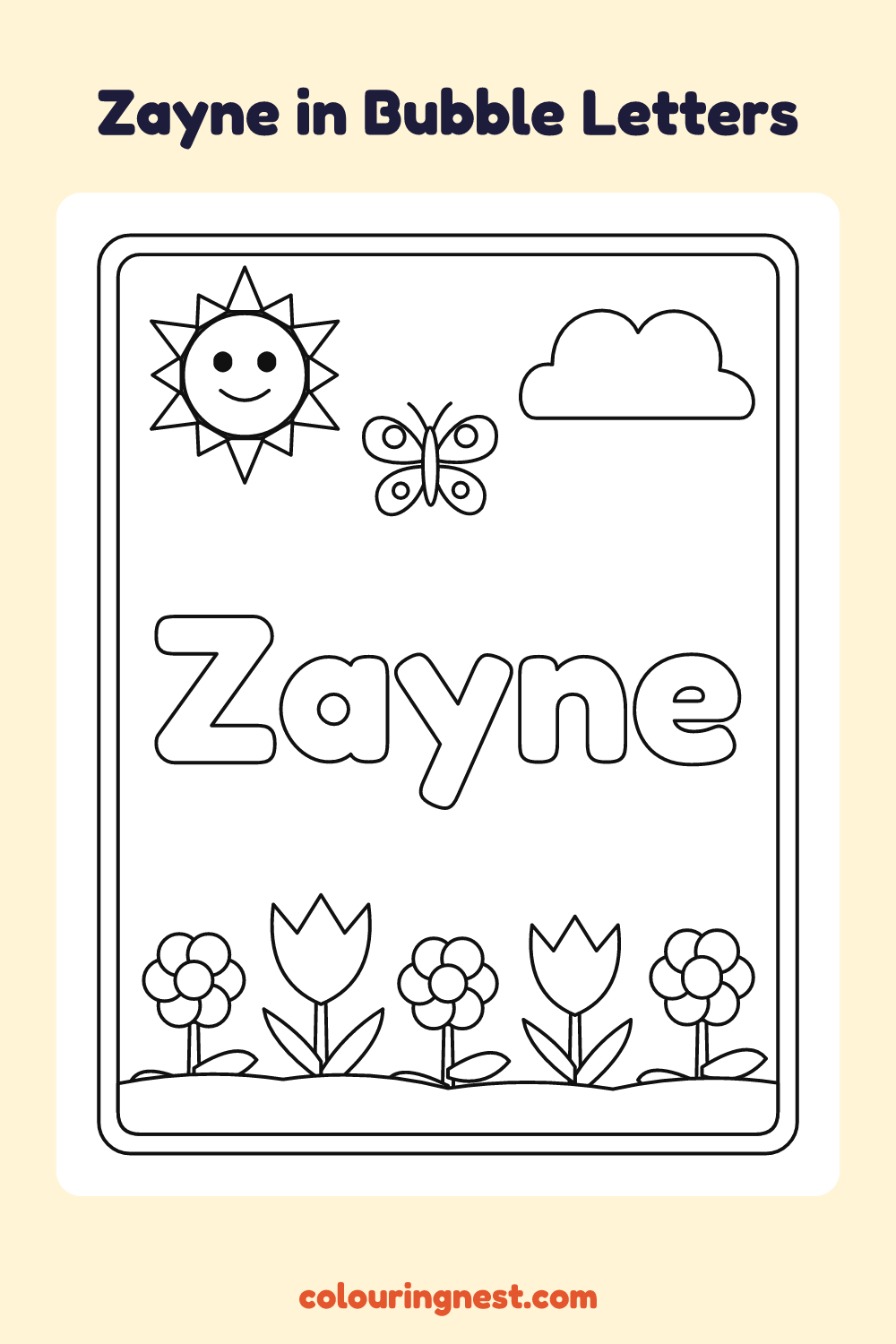 Zayne in Bubble Letters coloring page: free printable black-and-white line art