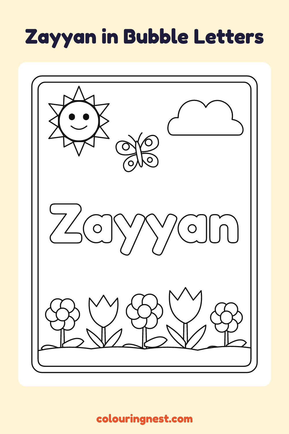 Zayyan in Bubble Letters coloring page: free printable black-and-white line art