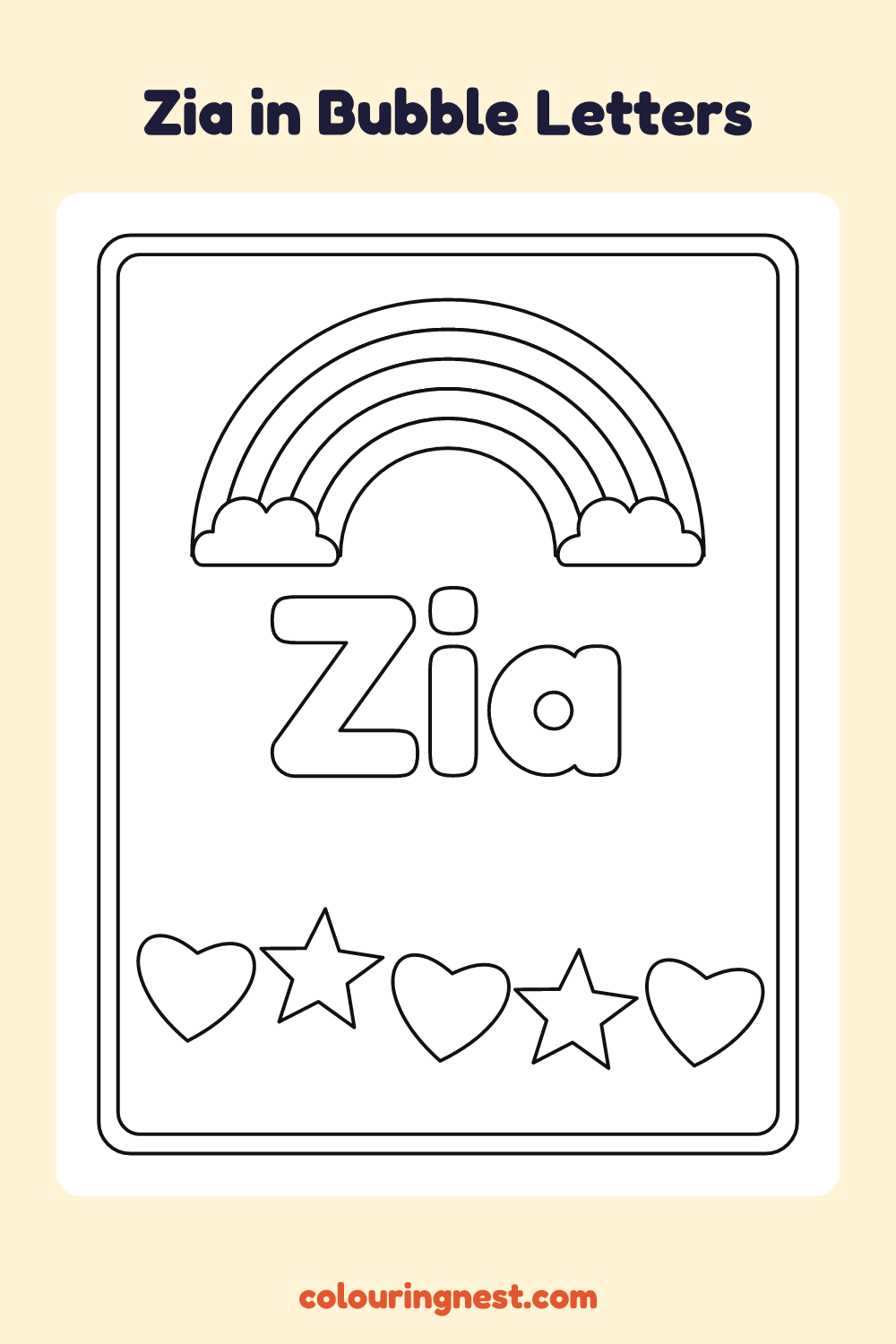 Zia in Bubble Letters coloring page: free printable black-and-white line art