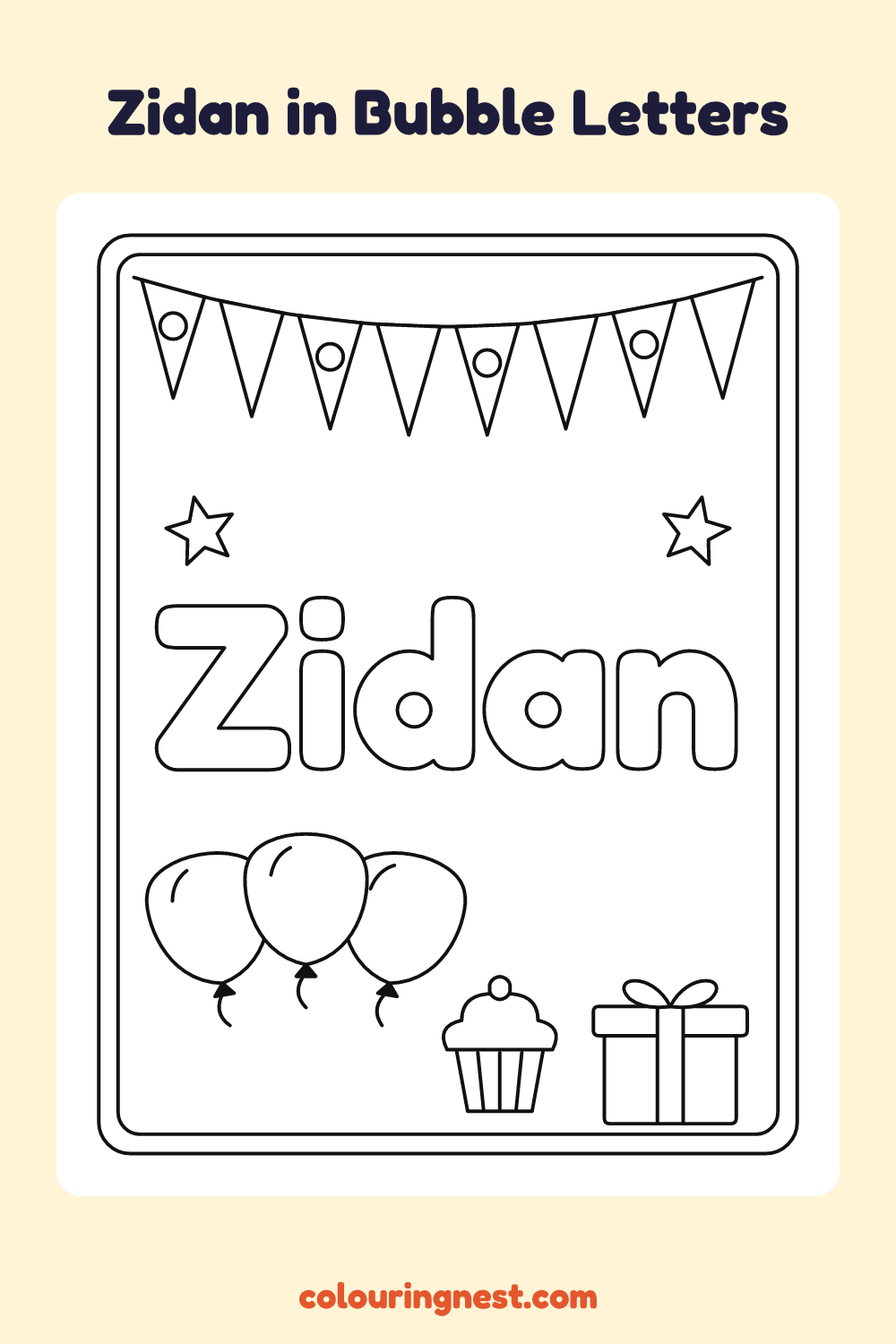 Zidan in Bubble Letters coloring page: free printable black-and-white line art