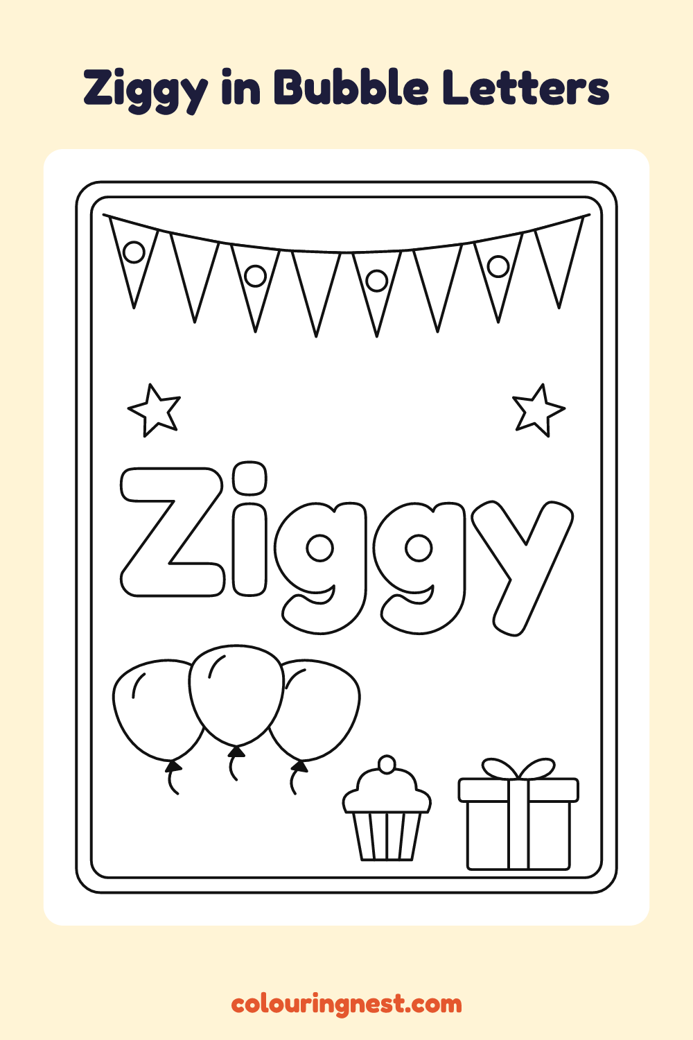 Ziggy in Bubble Letters coloring page: free printable black-and-white line art
