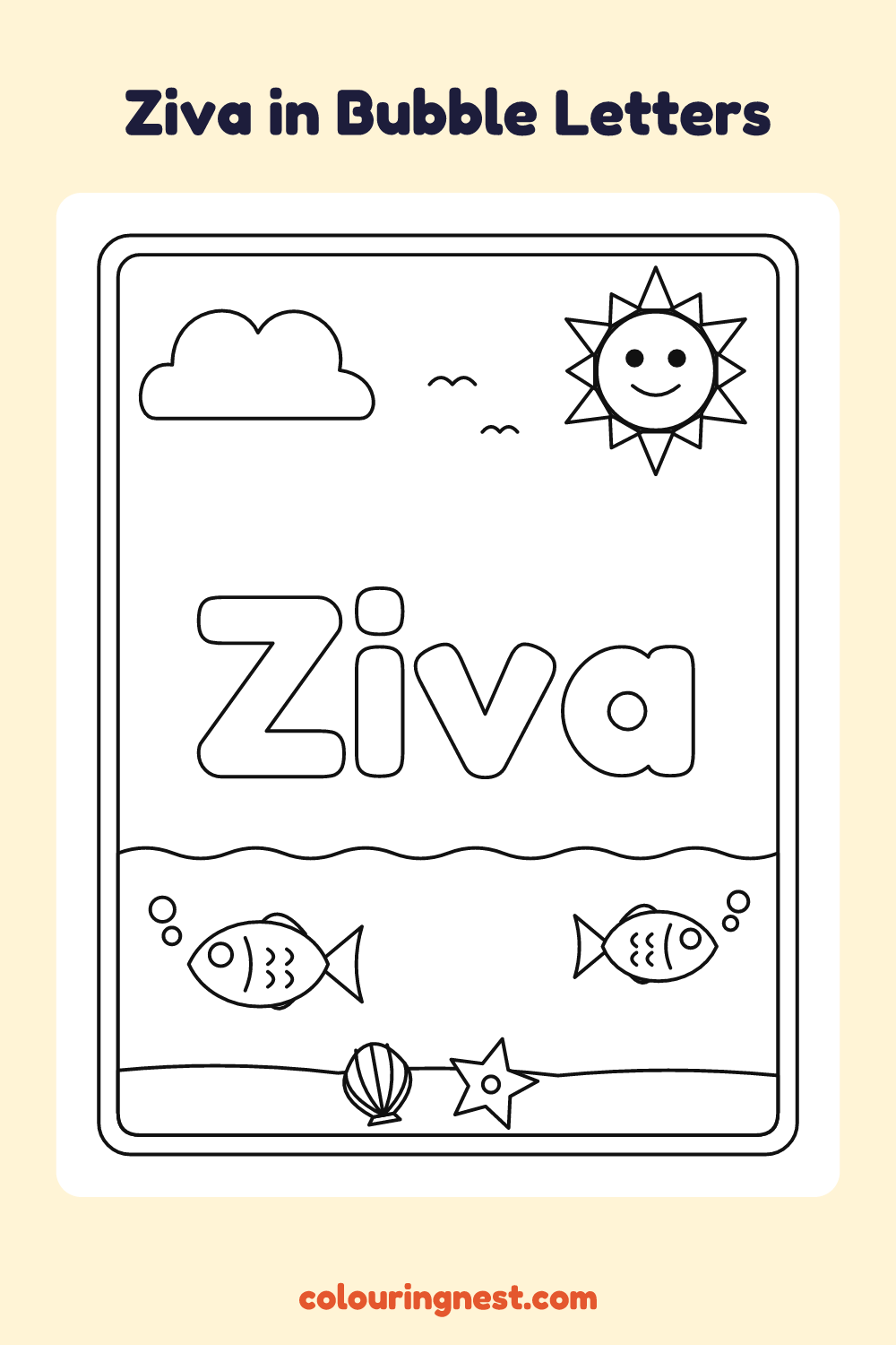 Ziva in Bubble Letters coloring page: free printable black-and-white line art